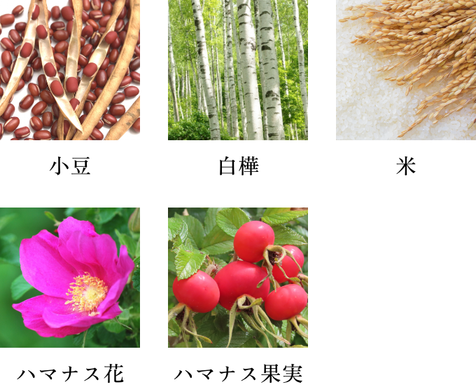 小豆・白樺・米・ハマナス花・ハマナス果実